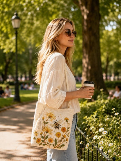 🔥Last Day 49% OFF-🐝 Handmade Crochet Bee Embroidered Tote Bag (✨2026 Limited Edition)
